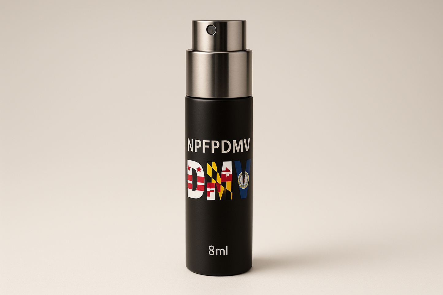 generate a 8ml atomizer with the brand name npfpdmv on it. put state flag on the dmv each letter like (d is for District of Columbia), (M is Maryland) and (V is Virginia)
