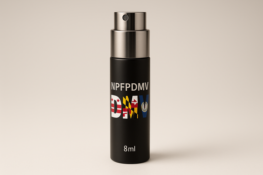 generate a 8ml atomizer with the brand name npfpdmv on it. put state flag on the dmv each letter like (d is for District of Columbia), (M is Maryland) and (V is Virginia)